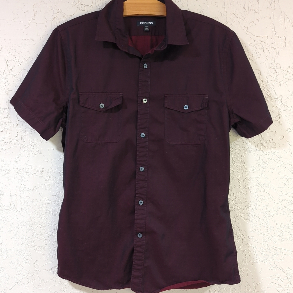 Express Dark Red And Blackb Iridescent Shortsleeve Button-Down Shirt - Men's M